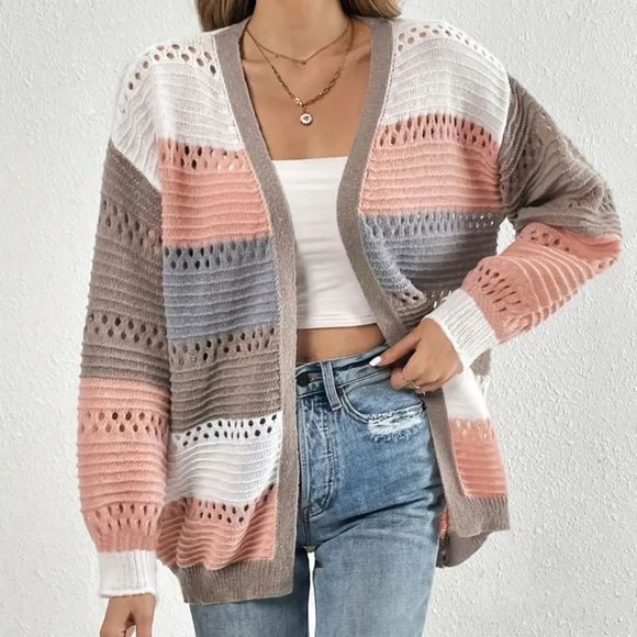⬆️💲15 BuNdLEd ⬆️ Women's Colorblock Nuetral Tones Open Cardigan - Picture 7 of 10